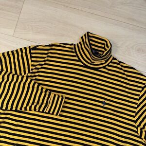 Vintage Polo Ralph Lauren Yellow Navy Stripe Turtleneck Shirt Men's Size XL Pony